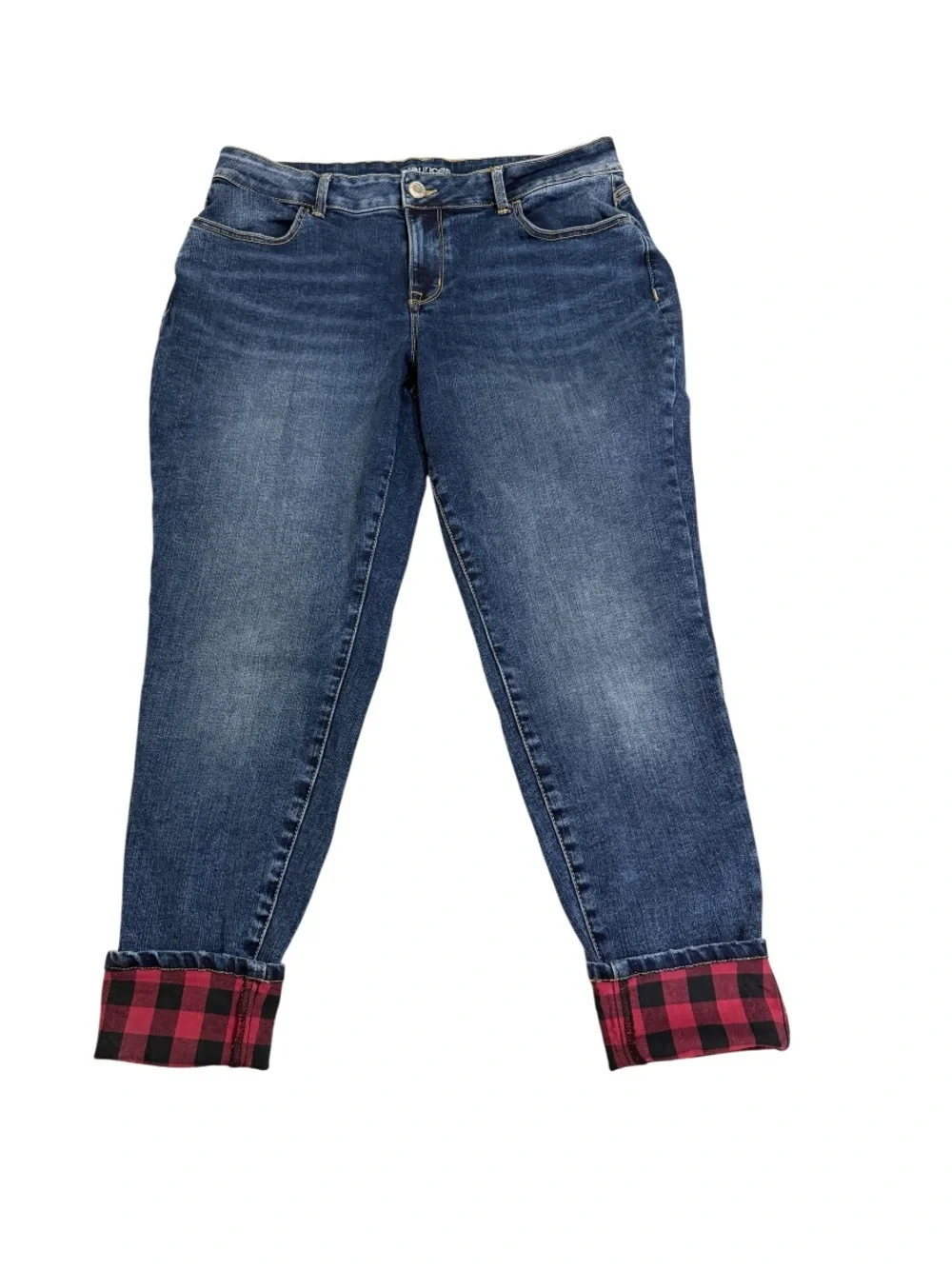Maurices Blue Boyfriend Jeans with Red Plaid Cuffs